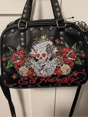 Ed Hardy Black Floral Skull Studded Shoulder Bag
